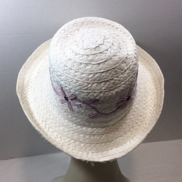 White Woven Sun Hat w/Purple Embroidered Flowers - Picture 5 of 14
